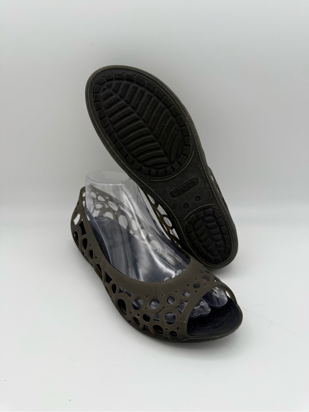 Women's Crocs Adrina III Black Bronze Peep Toe Open Toe Jelly Flats Cut Out Sz 8